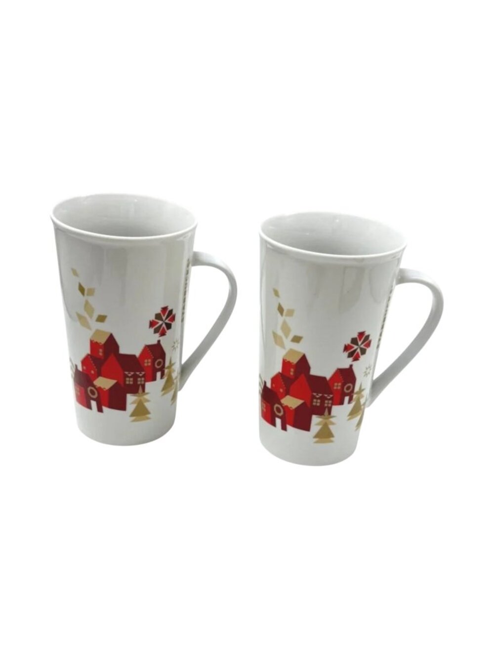 Starbuck Mug Ceramic 18 oz Lot 2 Red‎ Village Christmas Gold Trees 2013